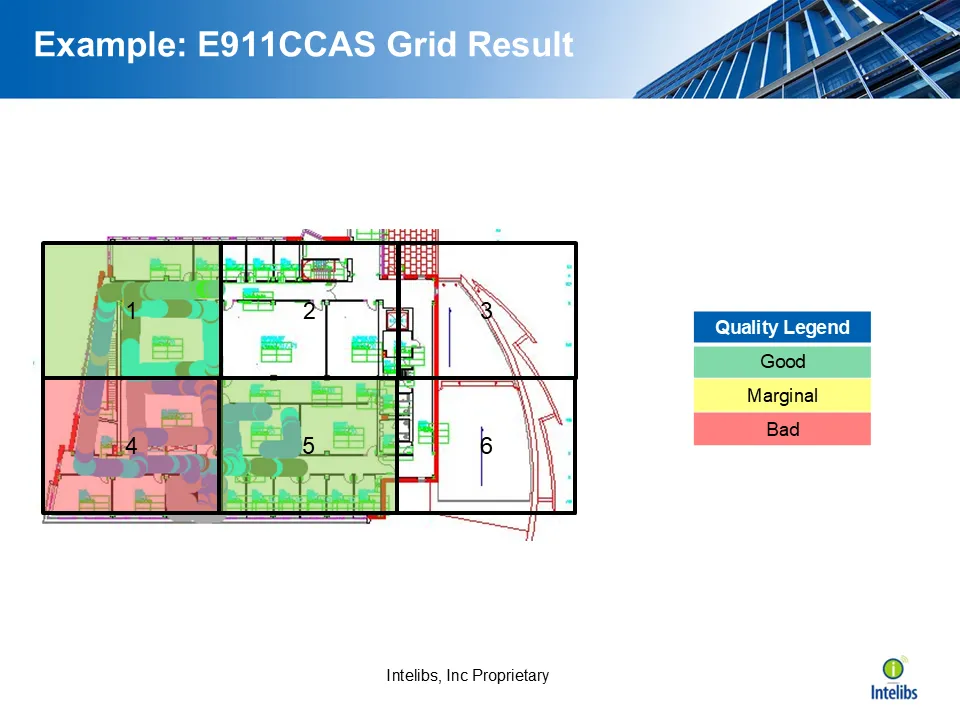 Example E911CCAS grid map showing signal quality across a floor plan